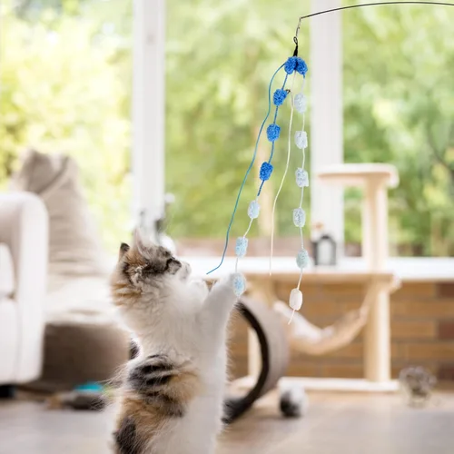 Miniatura 7 de Juguete de varita para gatos, 8 piezas retráctiles de felpa Srtip para gatos, juguetes con campana y cuerda, juguetes interactivos largos