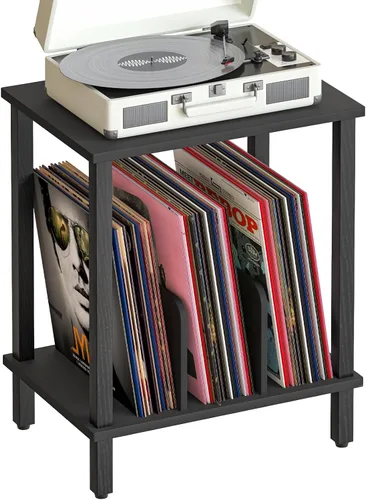 HOOBRO BK05RS01 - Mesa auxiliar pequeña, soporte para tocadiscos de 2 niveles, soporte giratorio de vinilo con almacenamiento de hasta 100 álbumes,