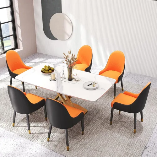 Miniatura 8 de Juego de 6 sillas de comedor tapizadas de 36.6 pulgadas, sillas de comedor modernas con marco de metal dorado y respaldo, silla de comedor de piel