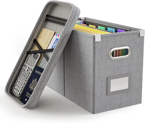 Miniatura 15 de Oterri Caja de archivos colgante con bolsillo de malla, caja organizadora de archivos con tapa, caja organizadora de documentos plegable
