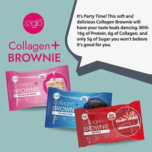 Miniatura 3 de 321glo Brownie de proteína de colágeno, sin gluten, bajo en azúcar, snack keto para mujeres, hombres y niños, 0.64 onzas de proteína, 0.26 onzas