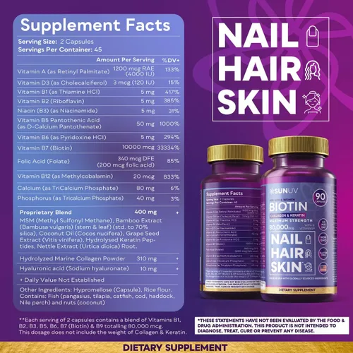 Miniatura 7 de SUNUV Biotina 10,000 mcg Colágeno Queratina - 80,000 mcg Vitaminas para el Crecimiento del Cabello para Mujeres y Hombres, Apoyo para la Piel