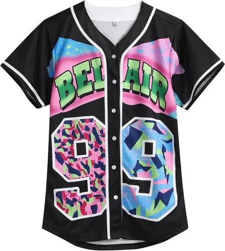 Miniatura 26 de Ropa de los años 90 para mujer, traje unisex de hip hop para fiesta, camiseta de béisbol Bel Air, camisa de manga corta con botones