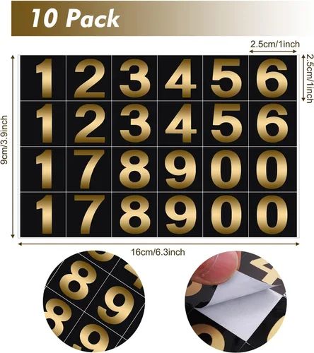 Miniatura 2 de Prasacco 240 piezas de 10 hojas de calcomanías de números dorados sobre negro, impermeables, números de buzón, autoadhesivas, calcomanías de números