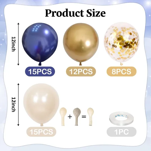 Miniatura 3 de Globos azul marino y dorados, 50 piezas de globos de confeti azul marino perla doble relleno blanco arena metálico cromado dorado de 12 pulgadas