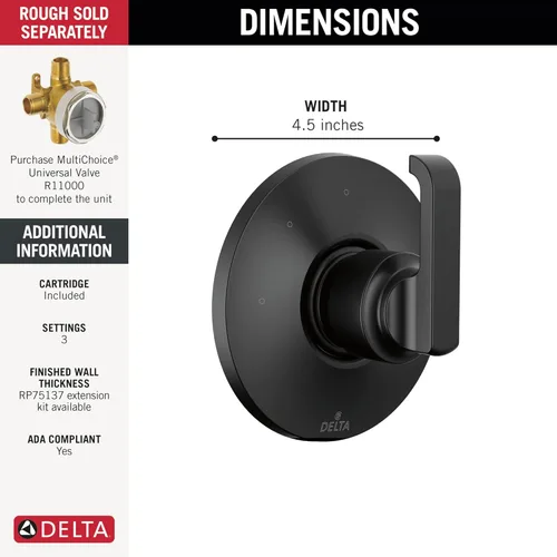 Miniatura 2 de Delta Faucet Tetra - Kit de moldura desviadora de mango de ducha de 3 ajustes, kit de moldura de válvula desviadora negra, desviador de ducha, negro