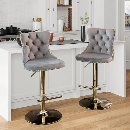 Miniatura 8 de Aoowow Juego de 2 taburetes de bar giratorios ajustables con respaldo de terciopelo copetudo, sillas de bar modernas tapizadas con cabeza de clavo