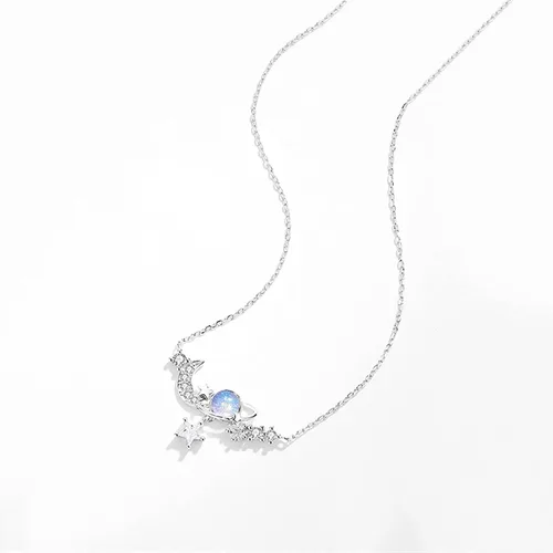 Miniatura 2 de Collar decorativo de plata 925 con dije de piedra esmaltada creativa, estrella y luna, cadena de clavícula, joyería elegante