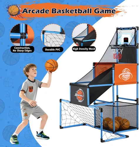 Miniatura 2 de Juego de Arcade de Baloncesto y Portería de Fútbol 2 en 1 para Niños, Aro de Baloncesto Ajustable para Niños con 6 Pelotas y Bomba