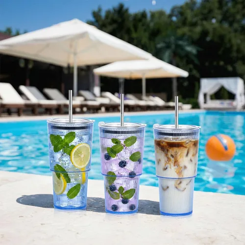 Miniatura 5 de 2 Pcs 20oz Plastic Ribbed Tumblers with Lid and Straws Blue Plastic Reusable Iced Coffee Cups with Lid Unbreakable Vintage Ribbed Drinking Glasses