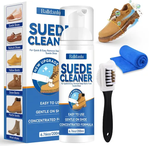 Limpiador de gamuza y nobuk de 6.76 onzas, limpiador de zapatos de gamuza con cepillo y toalla, kit de limpiador de zapatos de espuma sin enjuague