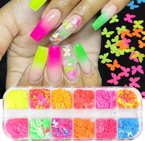 Miniatura 11 de Lentejuelas de uñas de mariposa 3D de 12 colores, mariposas luminosas, diseño de arte de uñas, mariposas holográficas con forma de copos