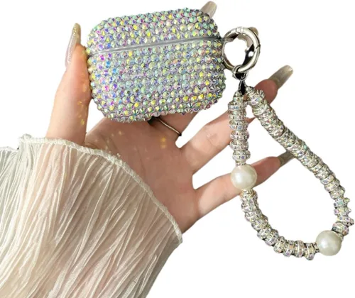Funda con diseño de diamantes de imitación brillantes con láser para AirPods Pro 2 con pulsera, bonita funda para auriculares con purpurina de