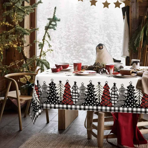 Miniatura 4 de Horaldaily 1 paquete de mantel desechable de Navidad, cubierta de mesa rectangular de plástico con árboles de nieve para decoración de fiesta
