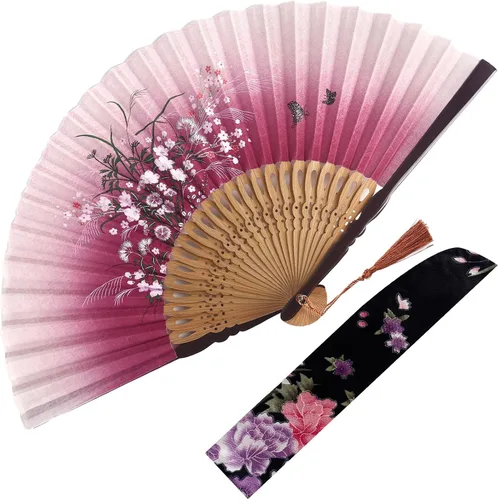 Miniatura 8 de JOHOUSE Abanico de mano plegable de tela negra con borla y funda – Elegante abanico plegable de mano para mujeres, abanicos de boda para invitados