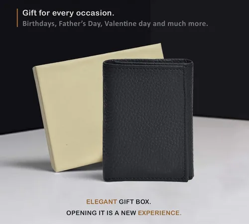 Miniatura 7 de Cartera de cuero para hombre, bloqueo RFID cartera de viaje inteligente con bolsillo frontal, delgada, color negro.