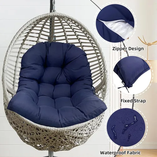 Miniatura 4 de Cojines para silla de huevo para exteriores, color negro, impermeable, antideslizante, con lazos, cojín grueso para silla para terraza, balcón