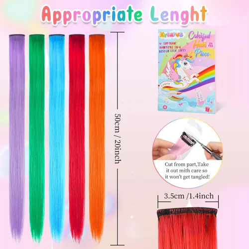 Miniatura 2 de Kyerivs 48 extensiones de cabello con clip de colores, regalo para niñas, extensiones de cabello arcoíris de 20 pulgadas para niñas, accesorios