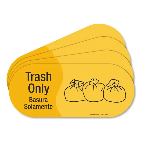 SmartSign Basura Solamento - Paquete de 4 etiquetas bilingües con símbolo, poliéster laminado de 5 mil con adhesivo SuperStick, amarillo y negro,