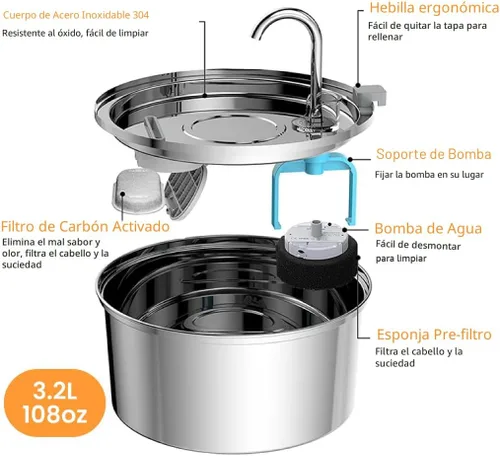 Miniatura 7 de KittySpout Fuente de Agua para Gatos de Acero Inoxidable Fuente de Beber Automática, Cuenco de Agua Circulante Silencioso, Apto para Lavavajillas