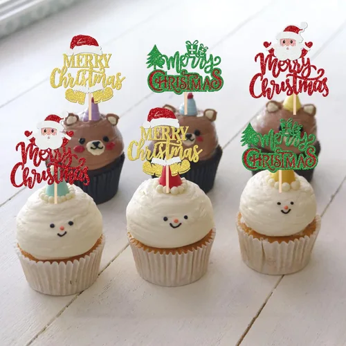 Miniatura 3 de 24 piezas de adornos para cupcakes de Navidad dorados verdes y rojos con purpurina, Papá Noel, árbol de Navidad, adornos para cupcakes para el tema