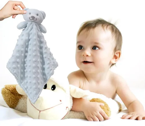 Miniatura 6 de CREVENT Manta acogedora de seguridad para bebés y niños, diseño de lunares Minky frontal + respaldo de sherpa con cara de animal (oso azul)