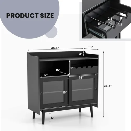 Miniatura 3 de Giantex Aparador de buffet, moderno armario de almacenamiento de barra de café con 2 puertas correderas de vidrio templado, estante para vino para 4