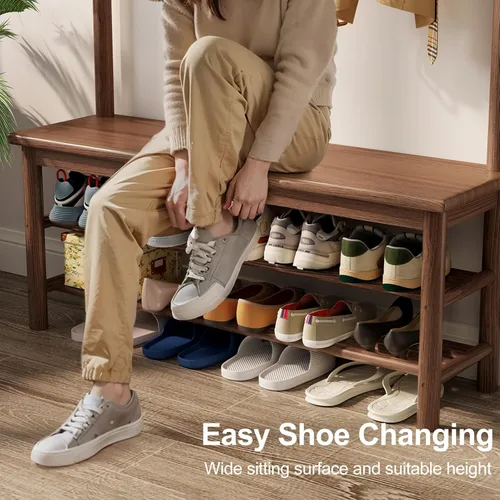 Miniatura 6 de AQIMUELE Perchero con almacenamiento de zapatos, árbol de pasillo de madera con banco, 11 ganchos y estantes de almacenamiento de 2 niveles, 3 en 1