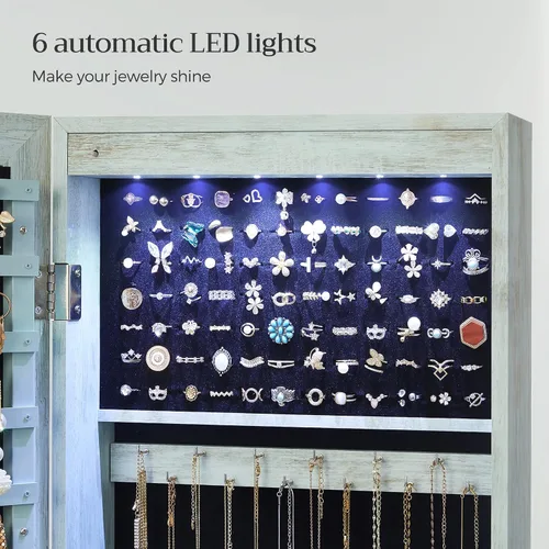 Miniatura 4 de SONGMICS - Gabinete organizador de joyas con 6 luces LED, para montar en la pared o en la puerta, de 47.3pulgadas de alto, con espejo y 2 cajones