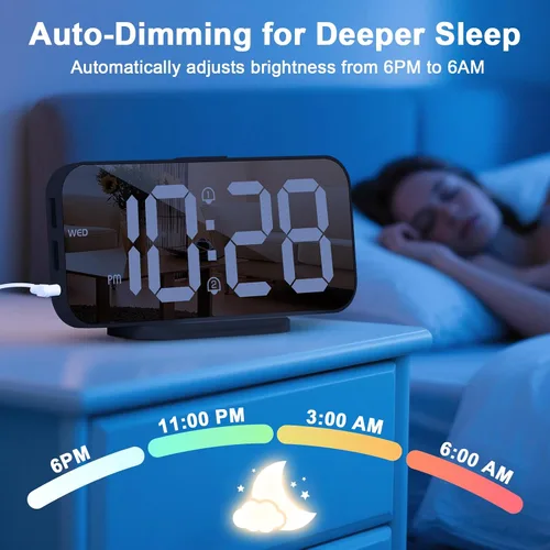 Miniatura 6 de Reloj despertador digital delgado ALANAS para dormitorios, alarmas duales con repetición, superficie de espejo, atenuador de 4 niveles y 2 puertos