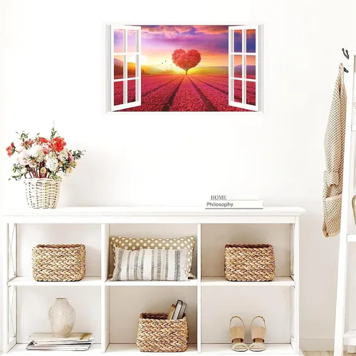 Miniatura 7 de Calcomanías de pared 3D con diseño de árbol de amor de la naturaleza, para despegar y pegar, calcomanías falsas para ventana de paisaje, decoración