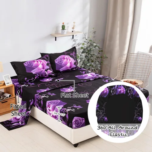 Miniatura 4 de Xruibed Juego de edredón floral tamaño King de 7 piezas en una bolsa, edredón de flores de rosas moradas con juego de sábanas de microfibra suave