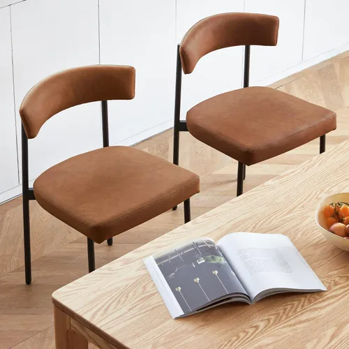 Miniatura 4 de GrandNoor Juego de 2 sillas de comedor de cuero sintético marrón, silla de cocina tapizada sin brazos, silla moderna de comedor con respaldo curvo