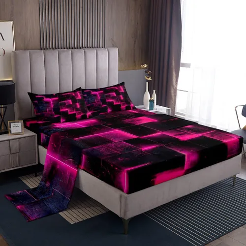 Miniatura 24 de Erosebridal Juego de sábanas de cama negro y rojo, juego de sábanas de tamaño individual abstracto moderno, sábanas a cuadros brillantes 3D, juego