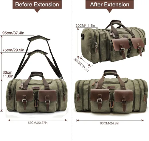 Miniatura 7 de Wildroad Bolsa de viaje de lona de 50L, bolsa de lona expandible de cuero genuino, bolsa de fin de semana mejorada para una noche, bolsa de mano