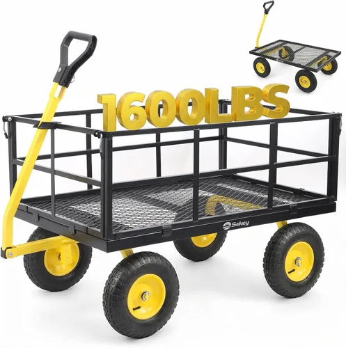 Miniatura 12 de Sekey Carrito de jardín de malla de acero de 600 libras para patio y patio trasero, carro utilitario con lados extraíbles (cama plana convertible)