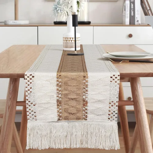 Miniatura 2 de Camino de mesa de macramé, camino de mesa de encaje, camino de mesa de boda, lino rústico hecho a mano en color beige bohemio de algodón tejido