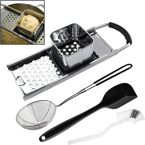 Spaetzle Maker de acero inoxidable con mango de agarre cómodo, prensa Spaetzle con colador de araña, espátula de silicona y cepillo de limpieza,