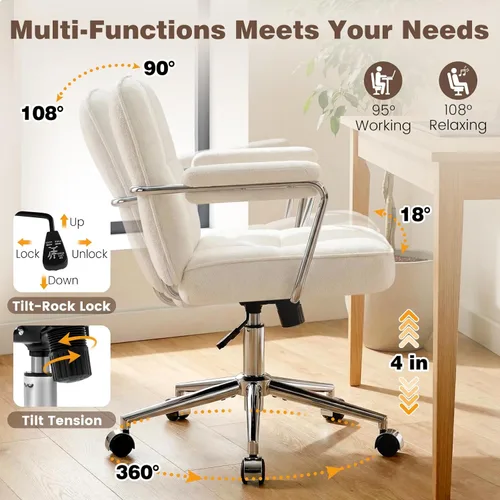 Miniatura 6 de Silla de oficina en casa con tela de felpa, sillas de escritorio modernas para computadora con respaldo medio con ruedas y reposabrazos acolchados