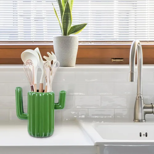 Miniatura 8 de MyGift Soporte de cerámica para utensilios de cactus, vajilla verde del suroeste, organizador de cocina duradero para cucharas, pinceles, desierto