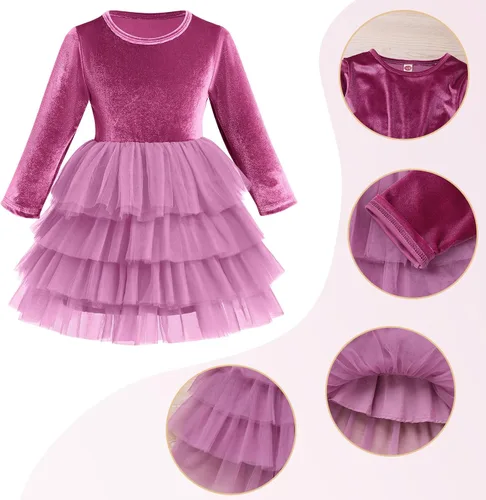 Miniatura 4 de Vestido de tutú de tul escalonado de terciopelo de manga larga para otoño e invierno para niñas y niñas