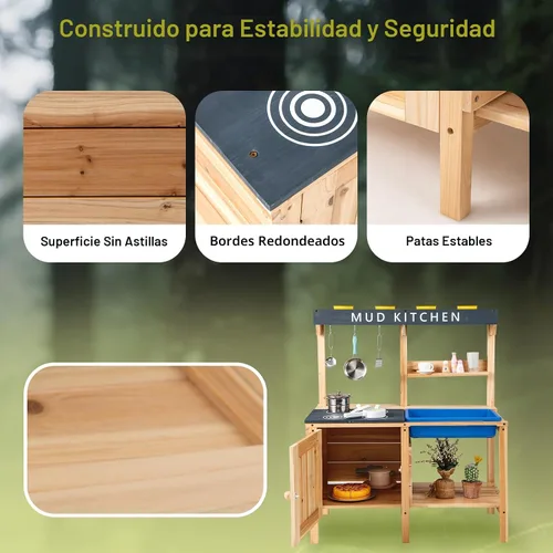 Miniatura 5 de HONEY JOY Cocina de barro, cocina de madera de cedro para niños pequeños, fregadero extraíble, accesorios de cocina, caja de maceta, armario
