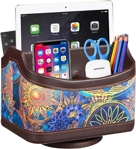 Miniatura 9 de YAPISHI Soporte para control remoto de cuero antiguo, caja giratoria de 360 grados para escritorio, organizador de mesa de noche para control