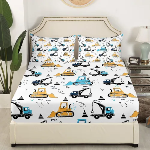 Miniatura 2 de Juego de sábanas bajeras para niños con diseño de caricaturas para niños, equipamiento para camiones, sábana de cama, excavadora, tractor, blanco
