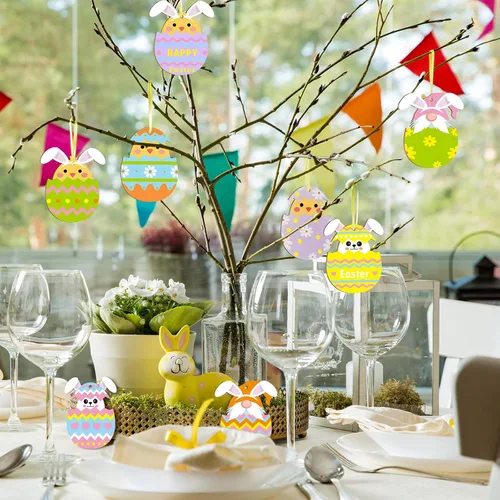 Miniatura 4 de Qunclay 40 piezas de adornos de Pascua, huevos de Pascua, huevos de Pascua, letreros colgantes para árbol, conejo, rebanadas de madera, recortes