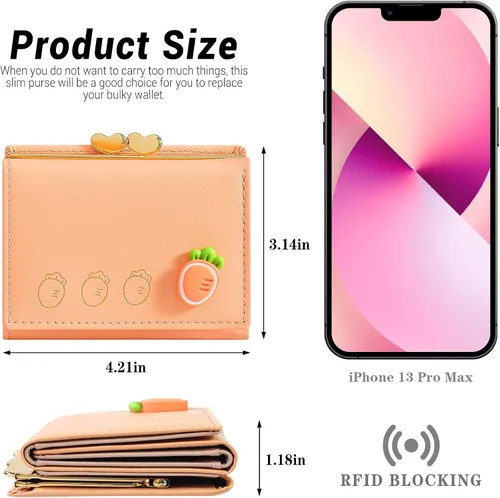 Miniatura 3 de YINHEXI Cartera para mujer, tarjetero para mujer, pequeño bolso triple con bloqueo RFID, bonita cartera pequeña de cuero con bolsillo para mujeres