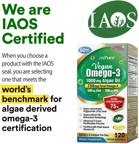 Miniatura 3 de LABO Nutrition OmaxPure - Aceite de algas veganas Omega-3 de 750 mg, suplemento de omega-3 EPA y DHA a base de plantas para la salud del corazón
