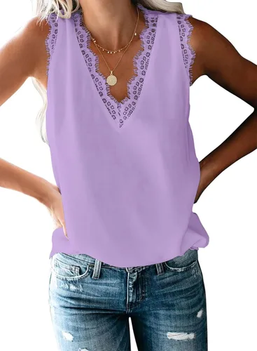 Miniatura 166 de VIISHOW - Camiseta sin mangas, sexy, con cuello en V y bordes de encaje para mujer, camisola de vestir, camisas de gasa, sin mangas, casuales