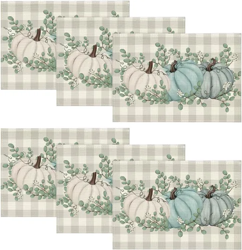 Miniatura 9 de Artoid Mode - Set de 2 manteles individuales de cuadros de búfalo con calabazas y hojas de eucalipto, manteles otoñales de 12x18 pulgadas para Azul