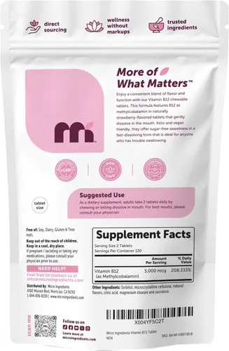 Miniatura 7 de Vitamina B12 sublingual 5000 mcg Forma activa metil B12 - 180 tabletas masticables Disolución rápida, sabor natural a fresa, apoyo a la energía